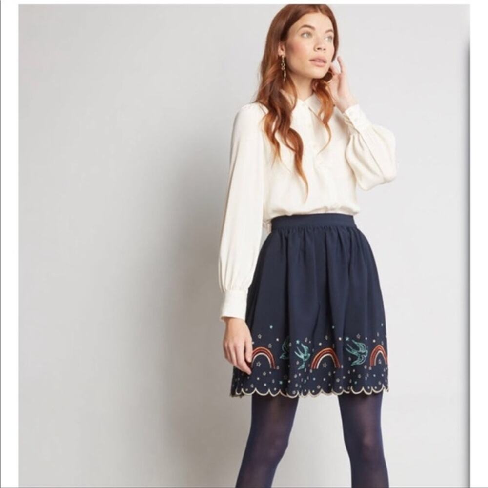 Modcloth Treasured Reveries Skirt Rainbow Swallow Pinup Retro Scallop Mini XS